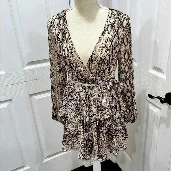 DO+BE plunge, ruffled skirt, snake print, waist tie, back zip, lined, mini dress - Picture 1 of 12